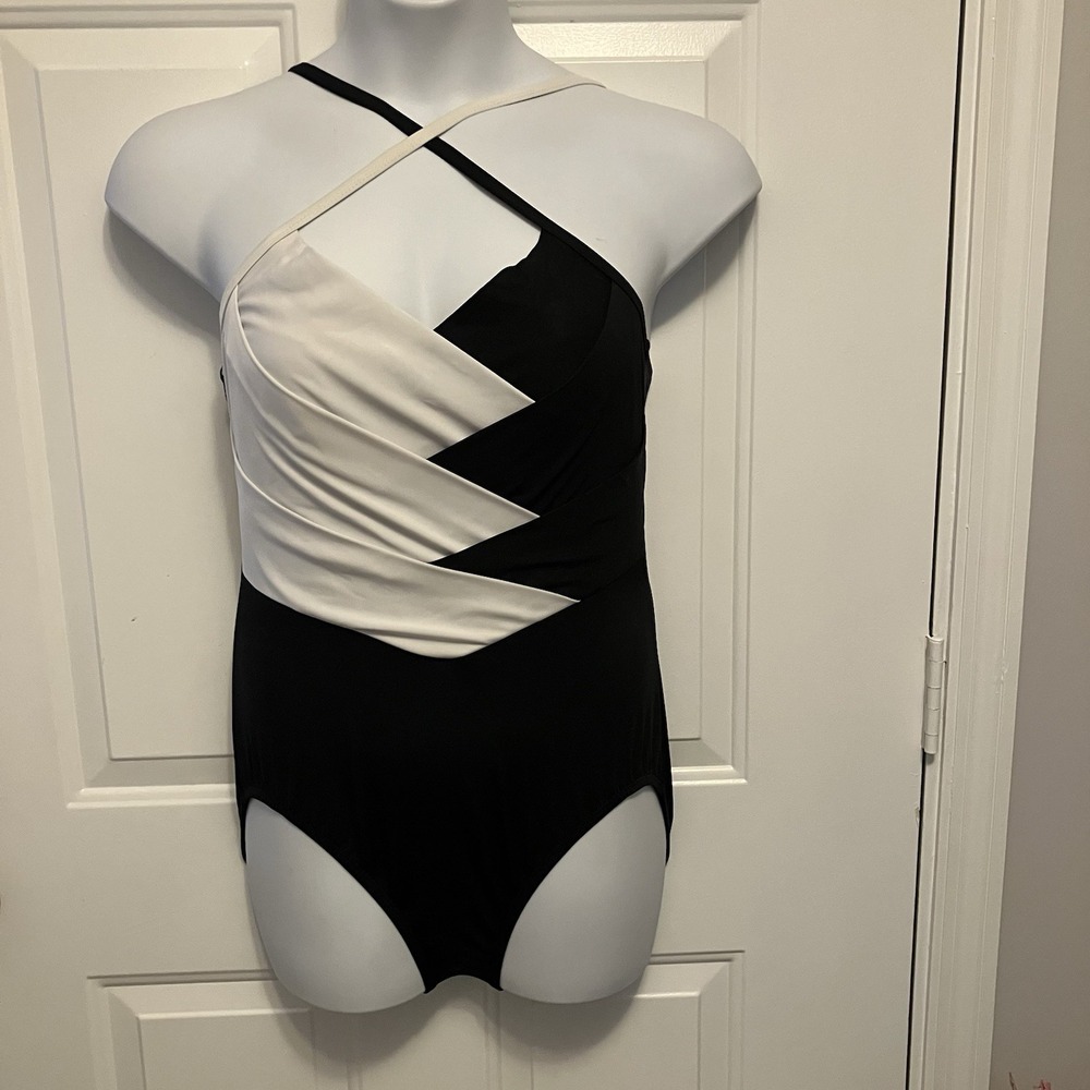 Land's End Black & White One Piece Swimsuit Size 14P Women's Colorblock Halter